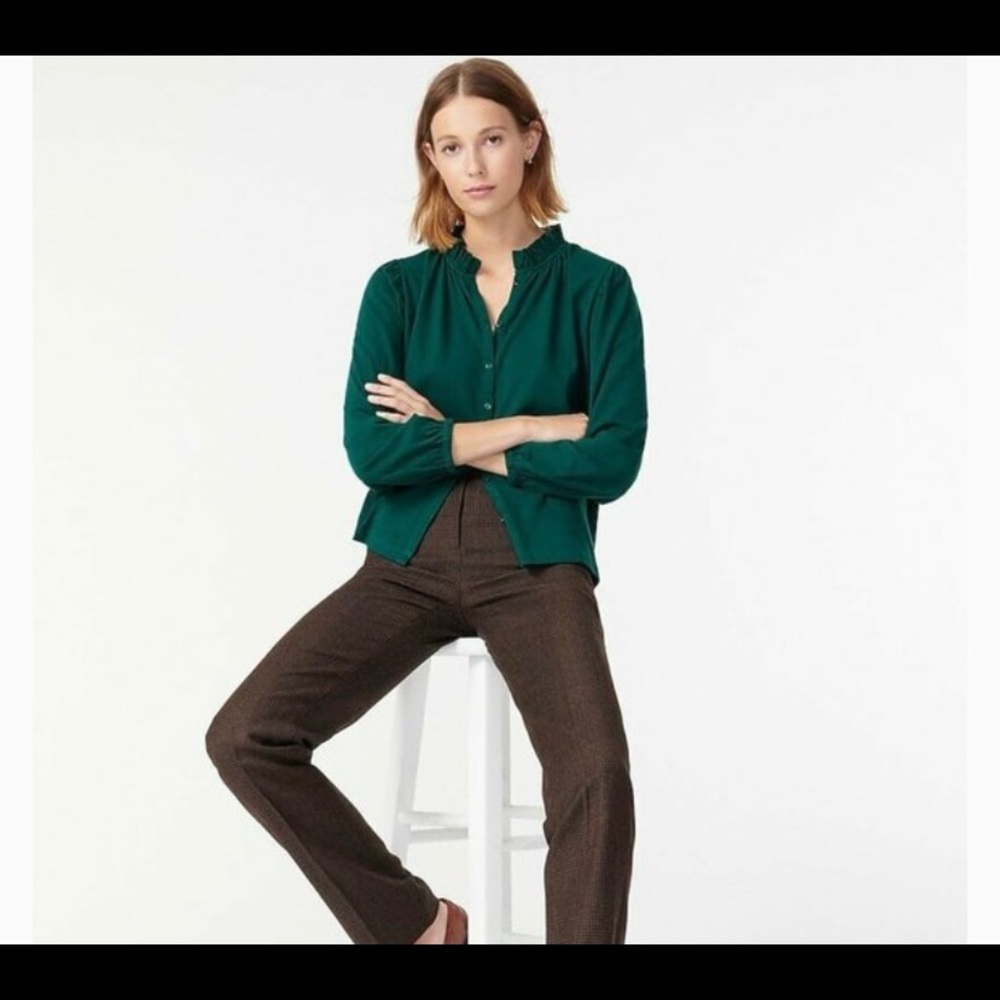 J Crew NWT XS Dark Spruce Ruffle-neck Top